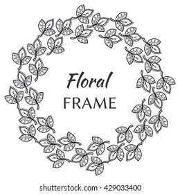 Vector leaf frame. Sketch leaf wreath. Template with leaf illustration. Hand drawn stylized leaves, black and white floral background.