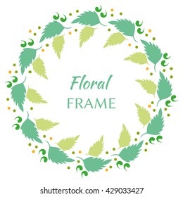 Vector leaf frame. Stylized leaf wreath. Template with leaves illustration. Colorful floral background.
