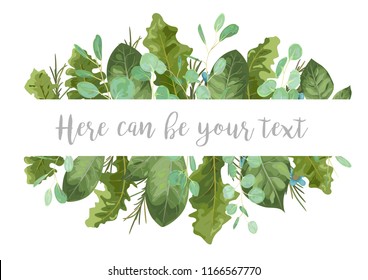 Vector leaf frame for wedding invitations, postcards, advertising, sales, labels. Green rose leaves, eucalyptus, gerbera and wax flowers isolated on white background.
