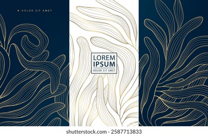 Vector leaf gold flower design, luxury box nature texture, art deco vintage premium ornament, floral label ornament. Product fancy package, royal spa, wine, chocolate, perfume design illustration.