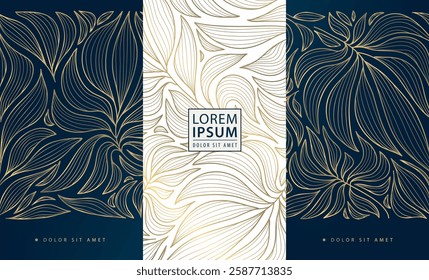 Vector leaf gold flower design, luxury box nature texture, art deco vintage premium ornament, floral label ornament. Product fancy package, royal spa, wine, chocolate, perfume design illustration.