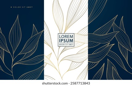 Vector leaf gold flower design, luxury box nature texture, art deco vintage premium ornament, floral label ornament. Product fancy package, royal spa, wine, chocolate, perfume design illustration.