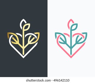 Vector leaf, golden shape and colorful one with heart and plant. Abstract emblem, new life design concept, logo, logotype element for template.  