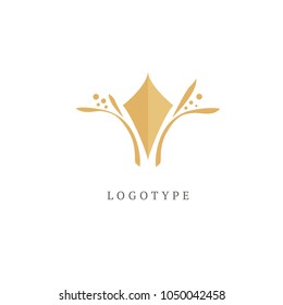 Vector leaf, golden shape and monochromatic one. Abstract emblem, design concept, logo, logotype element for template. Nature sign illustration. Luxury retro emblem. Cosmetics, Spa, Beauty salon.