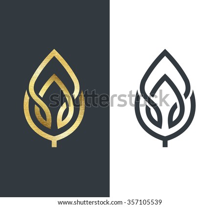 Vector leaf, golden shape and monochromatic one. Abstract emblem, design concept, logo, logotype element for template. 
