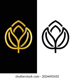 Vector leaf, with line art style in color gold , black and white. Abstract emblem, design concept, logo, logotype element for template, can you editable as you wish.