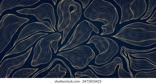 Fondo de pantalla de lujo de hoja de Vector, oro floral sobre fondo azul, textura de selva de línea art deco. Ilustración vintage elegante de la Naturaleza, decoración elegante, impresión clásica.