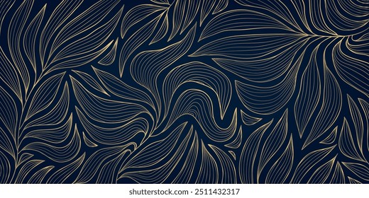Vector leaf luxury wallpaper, floral gold on blue background, art deco line jungle texture. Nature elegant vintage illustration, fancy decoration, classic print.