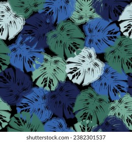 Vector leaf motif color blocking illustration seamless repeat pattern fashion and home decor print fabric. Tropical palm Seamless vector wallpaper on dark background.