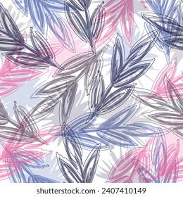 Vector leaf motif color blocking illustration seamless repeat pattern fashion and home decor print fabric digital artwork Plain floral drawing. Silhouettes of blooming lilac flowers in vintage style