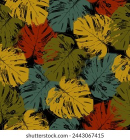 Vector leaf motif color blocking illustration seamless repeat pattern fashion and home decor print fabric digital artwork Tropical leaf silhouette elements background. 
