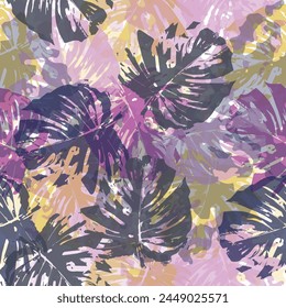 Vector leaf motif color blocking illustration seamless repeat pattern fashion and home decor print fabric. Tropical palm Seamless vector wallpaper on dark background.