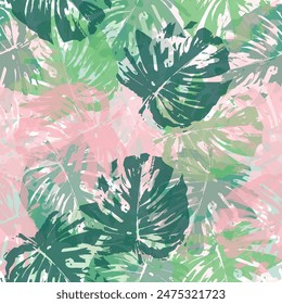 Vector leaf motif color blocking illustration seamless repeat pattern fashion and home decor print fabric. Tropical palm Seamless vector wallpaper on dark background.