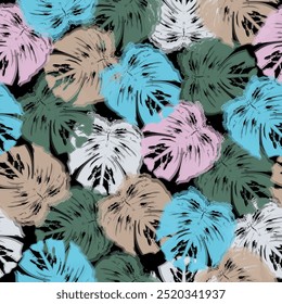 Vector leaf motif color blocking illustration seamless repeat pattern fashion and home decor print fabric. watercolor drawing.