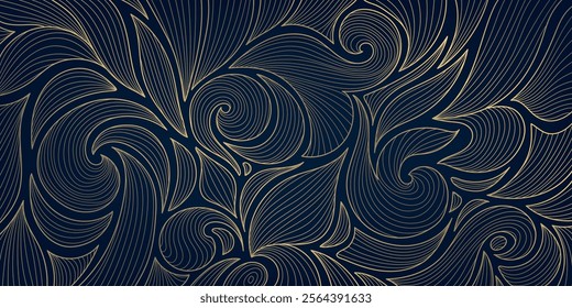 Vector leaf pattern gold line, art deco nature ornament, luxury foliage botanical background. Abstract texture plant design