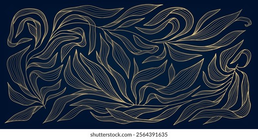 Vector leaf pattern gold line, art deco nature ornament, luxury foliage botanical background. Abstract texture plant design