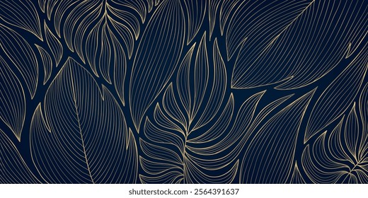 Vector leaf pattern gold line, art deco nature ornament, luxury foliage botanical background. Abstract texture plant design