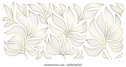 Vector leaf pattern, gold line art background. Art deco plant texture, elegant japanese graphic. Organic exotic drawing, boho flora garden illustration