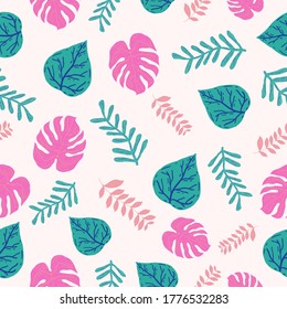 Vector Leaf pink and green color Seamless Pattern Background. Can Be Used For Fabric, Wallpaper, Stationery, Packaging.