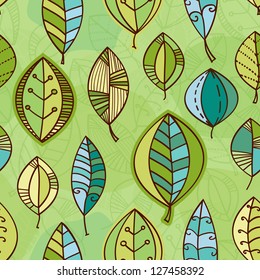 Vector leaf seamless pattern. Abstract nature design or abstract seamless pattern. Floral background. Summer background. Green paper. Retro design. Spring theme. Beautiful green background.