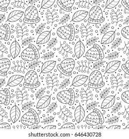 Vector leaf seamless pattern. Cute black and white print with nuts.