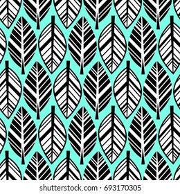 Vector leaf seamless pattern on the mint background. Abstract print with leaves. Elegant nature ornament for fabric, wrapping and textile.