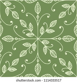 Vector leaf seamless pattern. Symmetrical abstract pattern with line art leaves on green background. Elegant simple vintage style. Great ornament for wrapping paper design,textile,tile,backdrop,decor