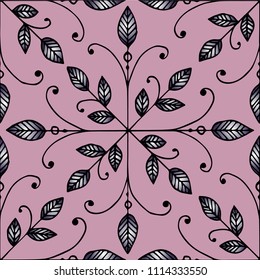 Vector leaf seamless pattern. Symmetrical abstract pattern with line art leaves on pink background. Elegant simple vintage style. Great ornament for wrapping paper design,textile,tile,backdrop,decor