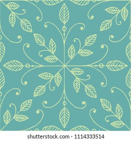 Vector leaf seamless pattern.Symmetrical abstract pattern with line art leaves on turquoise background.Elegant simple vintage style.Great ornament for wrapping paper design,textile,tile,backdrop,decor