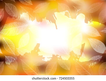 Vector leaf silhouettes on a blurred autumn background with a white brush stroke for copy space, a horizontal fall banner or flyer design, A4, A5, or like