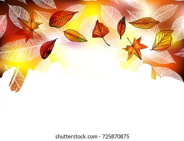 Vector leaf silhouettes and watercolor leaves on a blurred autumn background with a white brush stroke for copy space, fall banner or flyer design