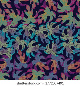 Vector Leaf Stripes in Green Pink Orange Purple Turquoise on Navy Blue Background. Seamless Repeat Pattern. Background for textiles, cards, manufacturing, wallpapers, print, gift wrap and scrapbooking