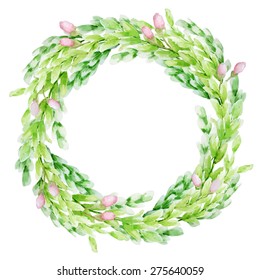 Vector leaf watercolor wreath with pink spring buds. Template for wedding invitation and save the date cards.