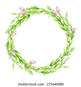 Vector leaf watercolor wreath with pink spring buds. Template for wedding invitation and save the date cards.