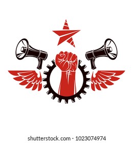 Vector leaflet created using clenched fists raised up, megaphone equipment and engineering cog wheel element. Dictatorship and manipulation theme, totalitarianism as the evil power. 