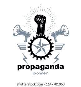 Vector leaflet created using clenched fists raised up, megaphone equipment and industrial gear element. Totalitarian utopia, ideological propaganda.