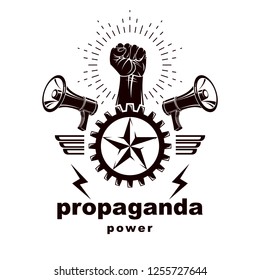 Vector leaflet created using clenched fists raised up, megaphone equipment and industrial gear element. Totalitarian utopia, ideological propaganda.