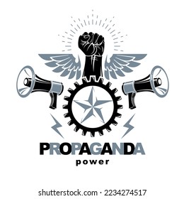 Vector leaflet created using clenched fists raised up, megaphone equipment and industrial gear element. Totalitarian utopia, ideological propaganda.