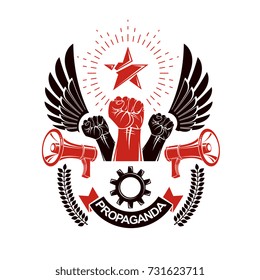 Vector leaflet created using clenched fists raised up, megaphone equipment and engineering cog wheel element. Dictatorship and manipulation theme, totalitarianism as the evil power. 