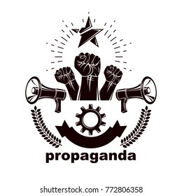 Vector leaflet created using clenched fists raised up, megaphones equipment and engineering cog wheel element. Dictatorship and manipulation theme, totalitarianism as the evil power. 
