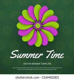 Vector leaflet template with lime, pink flower, "Summer time", isolated on background with blooming pattern. Gift card with creative design, for message, newsletter, email. Illustration with decor