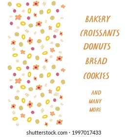 Vector leaflet or web template for bakery business. Design with  cookies and text on various baked goods and desserts types. 