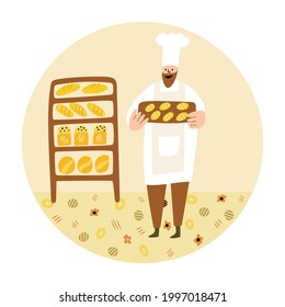 Vector leaflet or web template for bakery business. Illustration of a baker holding baked goods. 