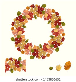 Vector leafs wreath on a light coloured background. Bright autumn garland from leaves of grapes, currant and chrysanthemum. Yellow, orange and green leafs. Seamless brush from autumn leafs.