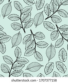 Vector leafy monochrome pattern on mint backdrop