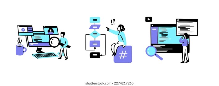 Vector learn coding concepts collection with humans. Little scenes of learn to code, software and flowchart illustration. Young men and women resolve code problem and point at flowchart