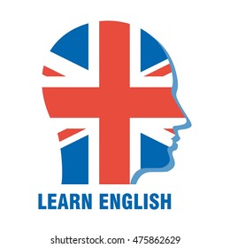 Vector learning english concept with human profile. Elements for marketing, advertising design, promotion, branding and media. Flat cartoon illustration. Objects isolated on a white background.