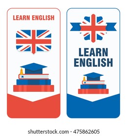 Vector learning english stickers set eps 10. Elements for marketing, advertising design, promotion, branding and media. Flat cartoon illustration. Objects isolated on a white background.