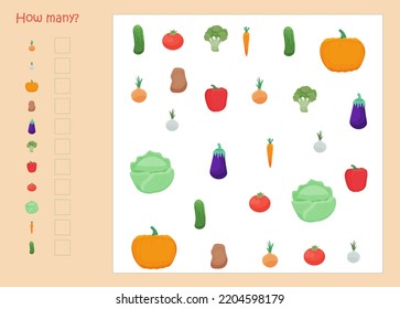 Vector learning game. how many vegetables are in the picture? Educational game for kids.  Exercises to study. Vector illustration.