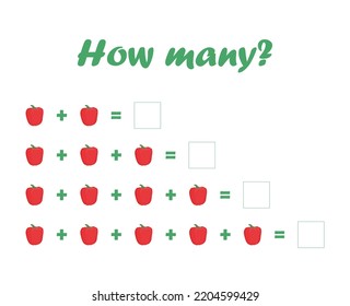 Vector learning game. how many apples are in the picture? An additional task for counting and summing pictures.  Educational game for kids.  Exercises for studying mathematics. Vector illustration.